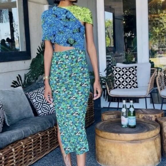 ZARA Asymmetrical Mixed Print Off Shoulder Midi Dress Blogger's Favorite Medium - Picture 4 of 15